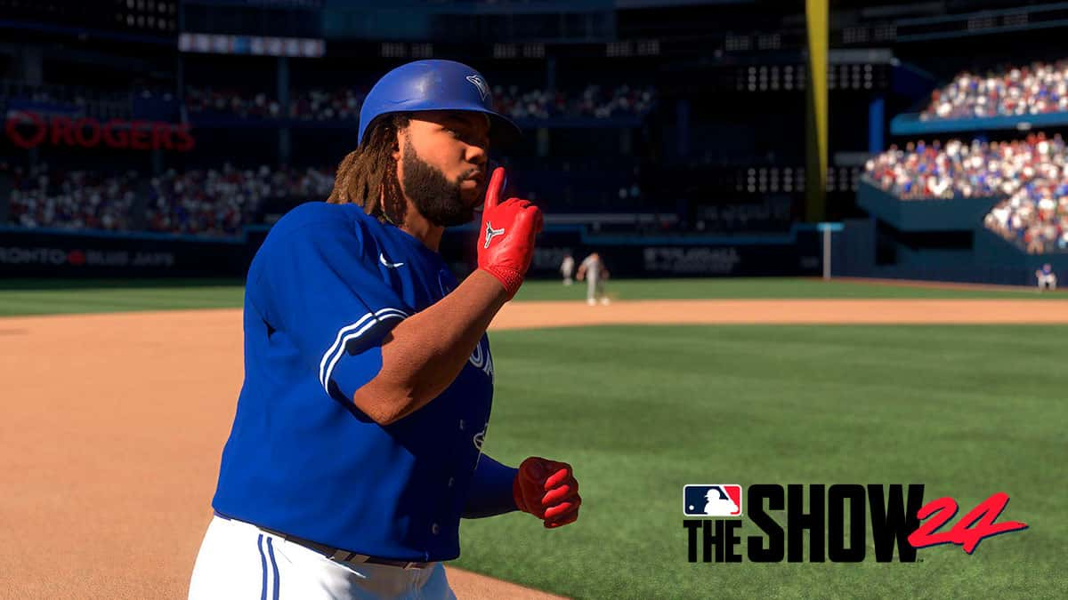 Vladimir Guerrero Jr celebrating a run in MLB The Show 24.