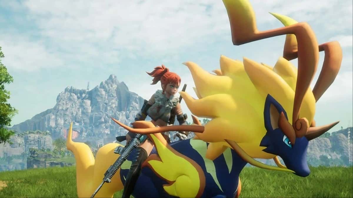 A Palworld player riding a Pal.