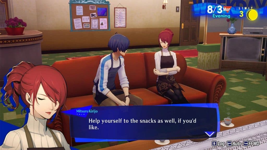 Persona 3 Reload MC and Mitsuru sitting in the Dorm.