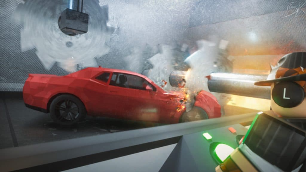 A car getting crushed in Roblox Car Crushers 2.