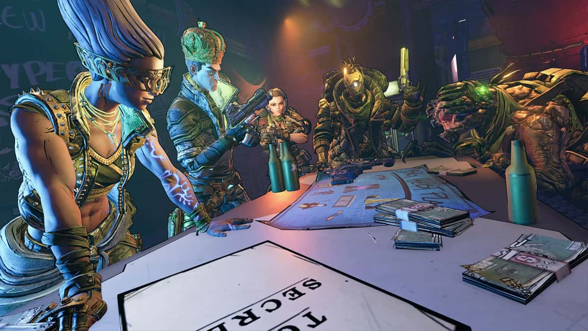 Borderlands 3 characters at a desk.