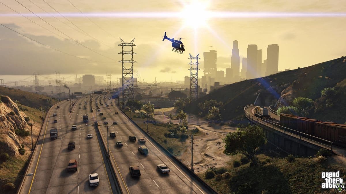 Highway in GTA 5 with a helicopter flying on top.