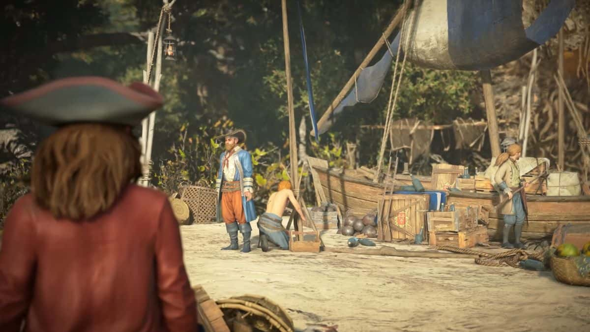 skull and bones character looking at NPCs near boat