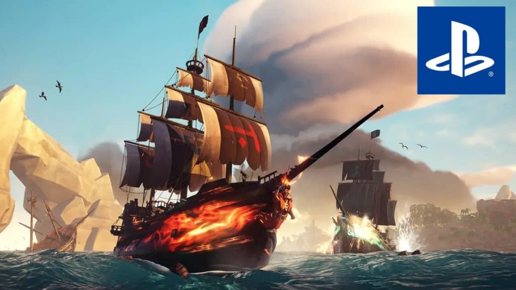 Ship gameplay in Sea of Thieves, and the PlayStation logo