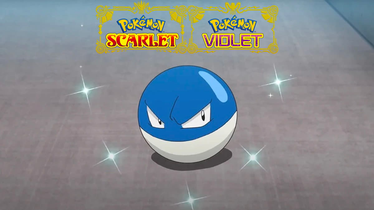 Shiny Voltorb in Pokemon anime with Scarlet and Violet logo