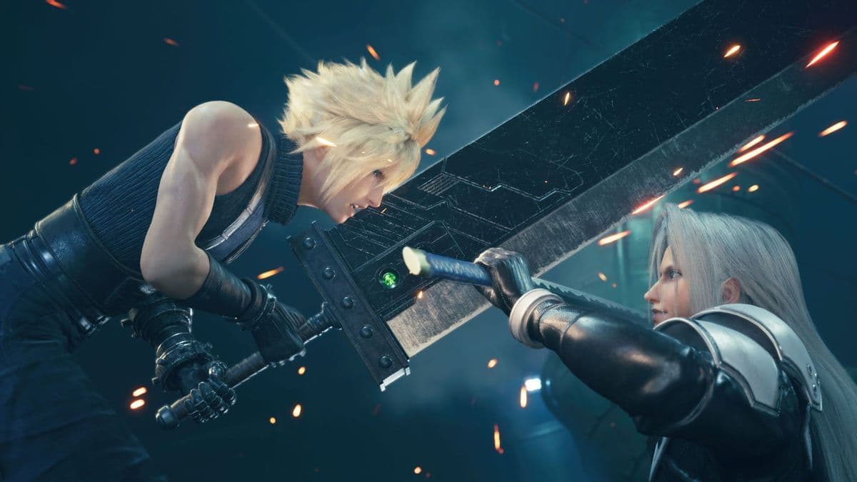 Cloud fighting Sephiroth in FF7 Rebirth.