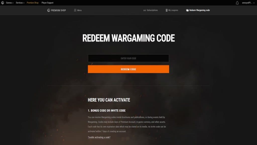 World of Warships code redemption page