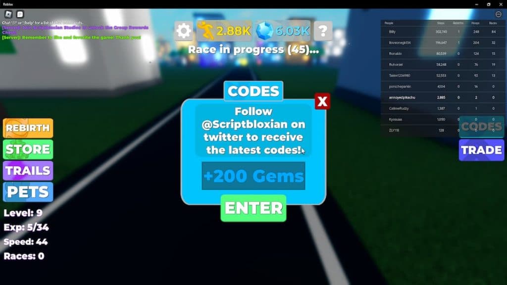 Legends of Speed redeem code section.