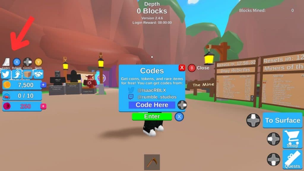 Arrow showing how to redeem codes in Mining Simulator