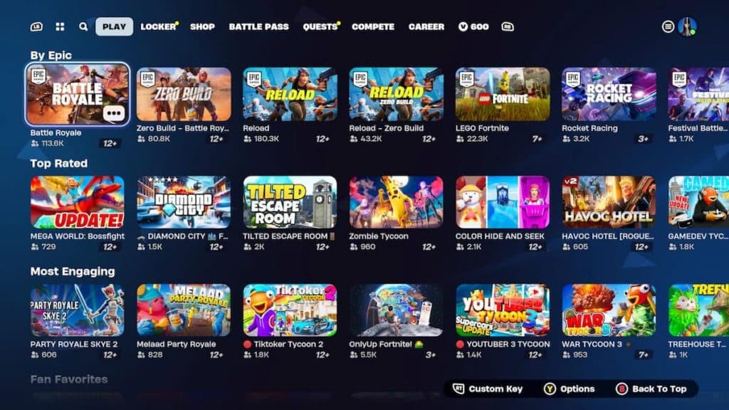 Fortnite Discover section with all modes.