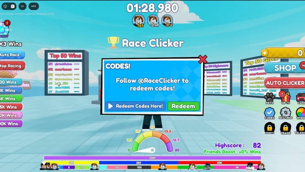 Race clicker code redemption screen