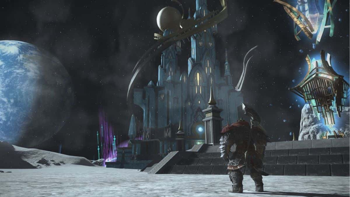 FFXIV character standing at castle entrance