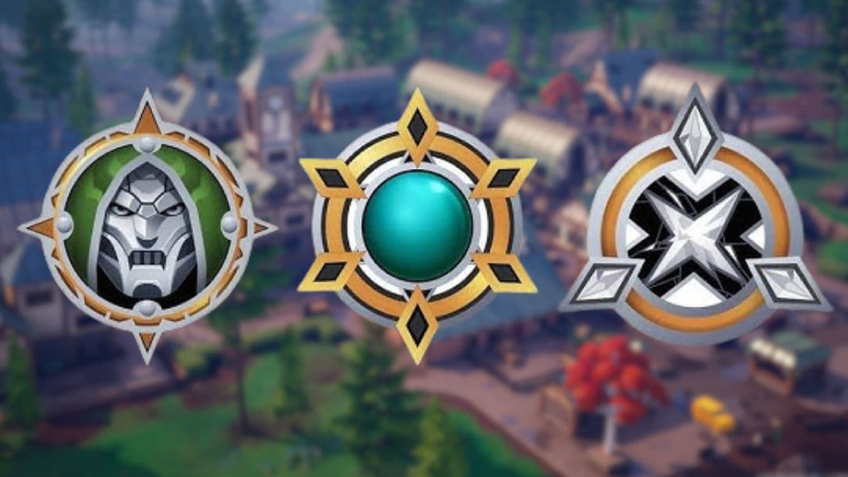 All Fortnite Chapter 5 Season 4 Medallions in front of Doomstadt