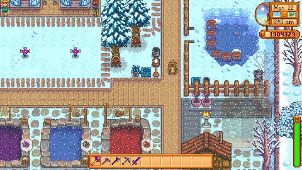 A farm in Stardew Valley