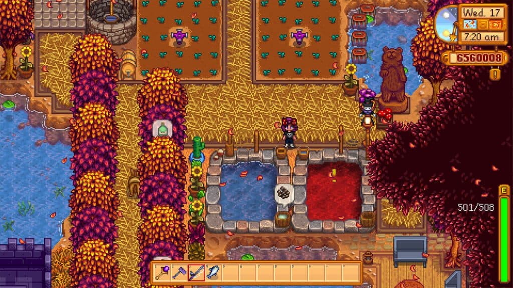 A farm in Stardew Valley