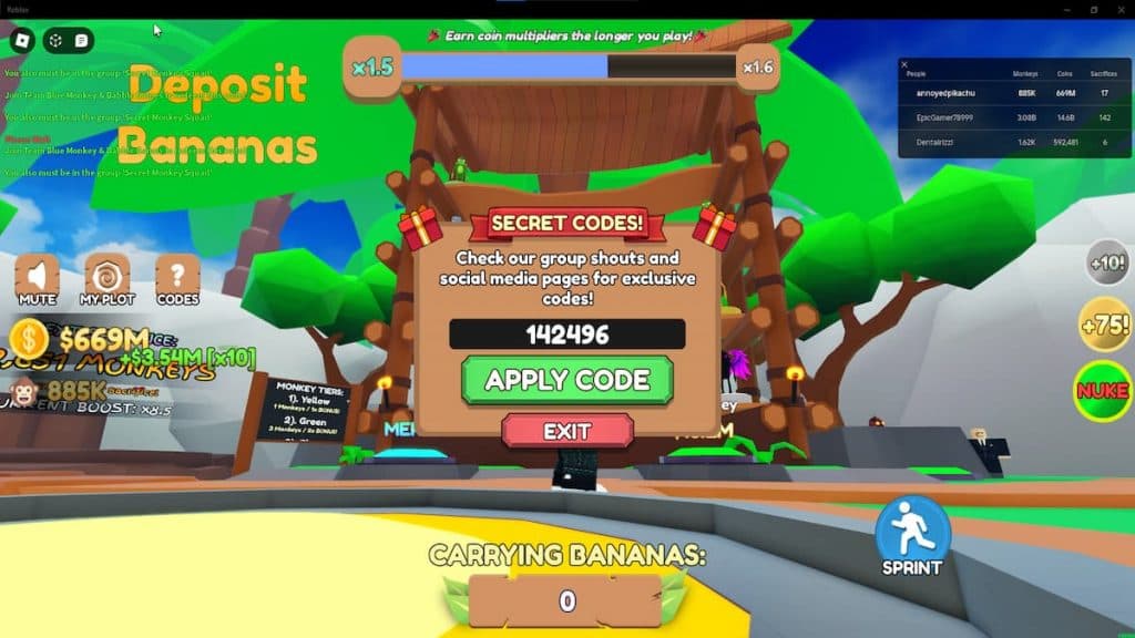 Monkey Tycoon code input page