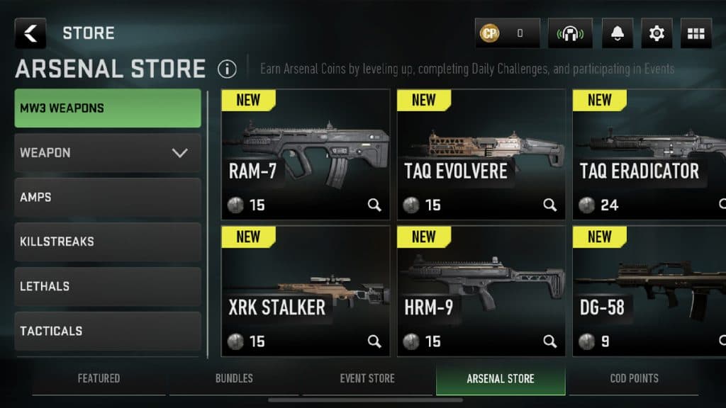 Warzone Mobile Arsenal Store menu