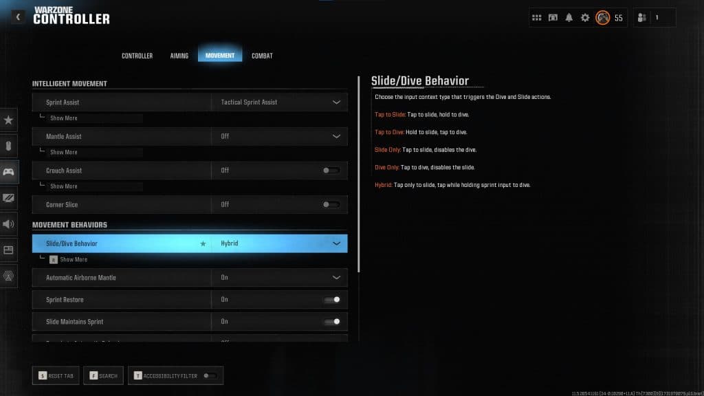 movement settings menu in Warzone