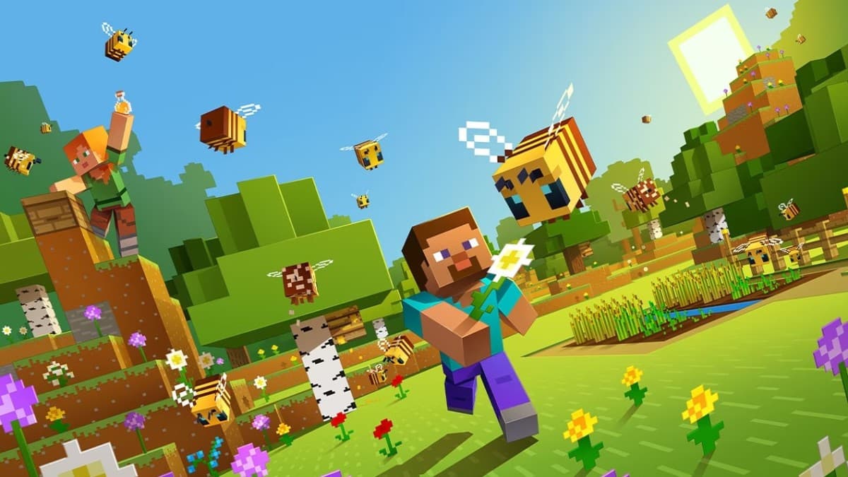 Minecraft character running in open green areas with bees and other flowers in the background