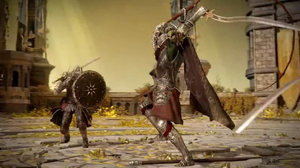 Two characters in combat in Elden Ring.