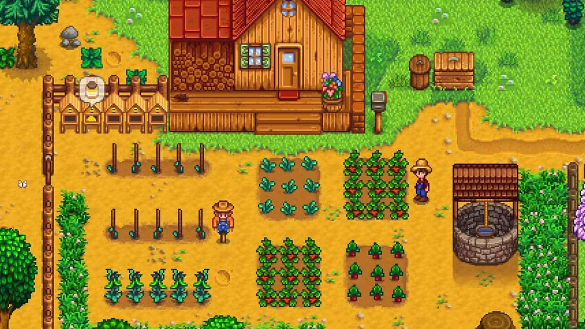 A farm in Stardew Valley