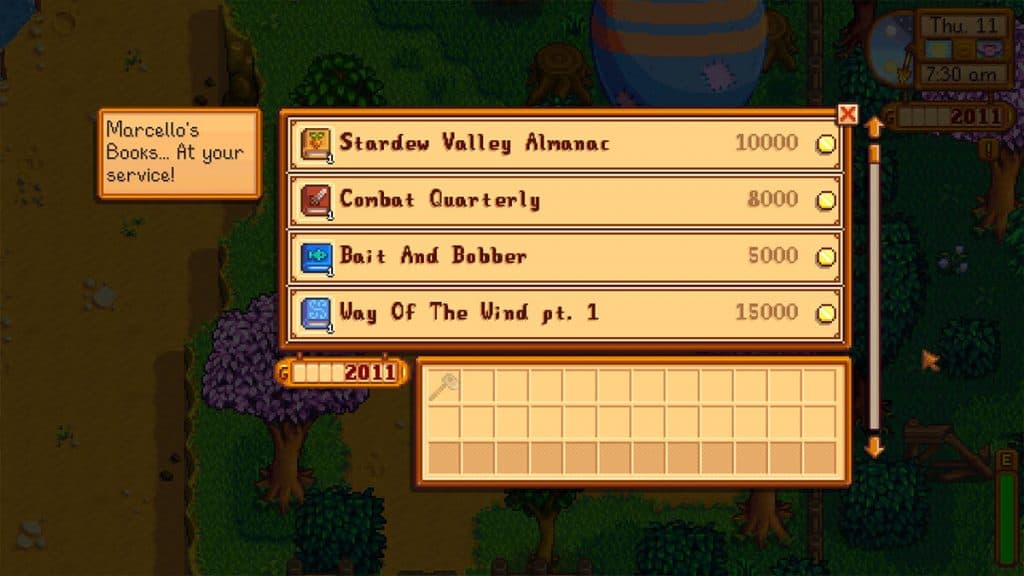 Bookseller Shop menu in Stardew Valley