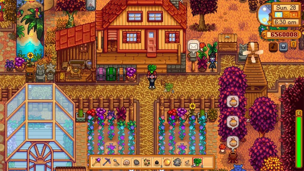 A farm in Stardew Valley