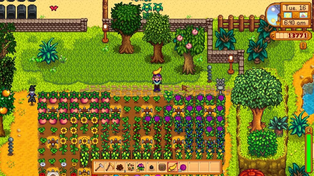 A farm in Stardew Valley