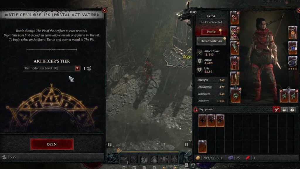 Diablo 4 Artificer's Pit menu