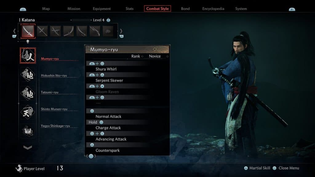 equipment menu in Rise of the Ronin