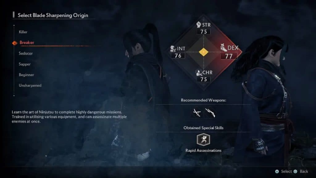 Rise of the Ronin Class Selection Menu