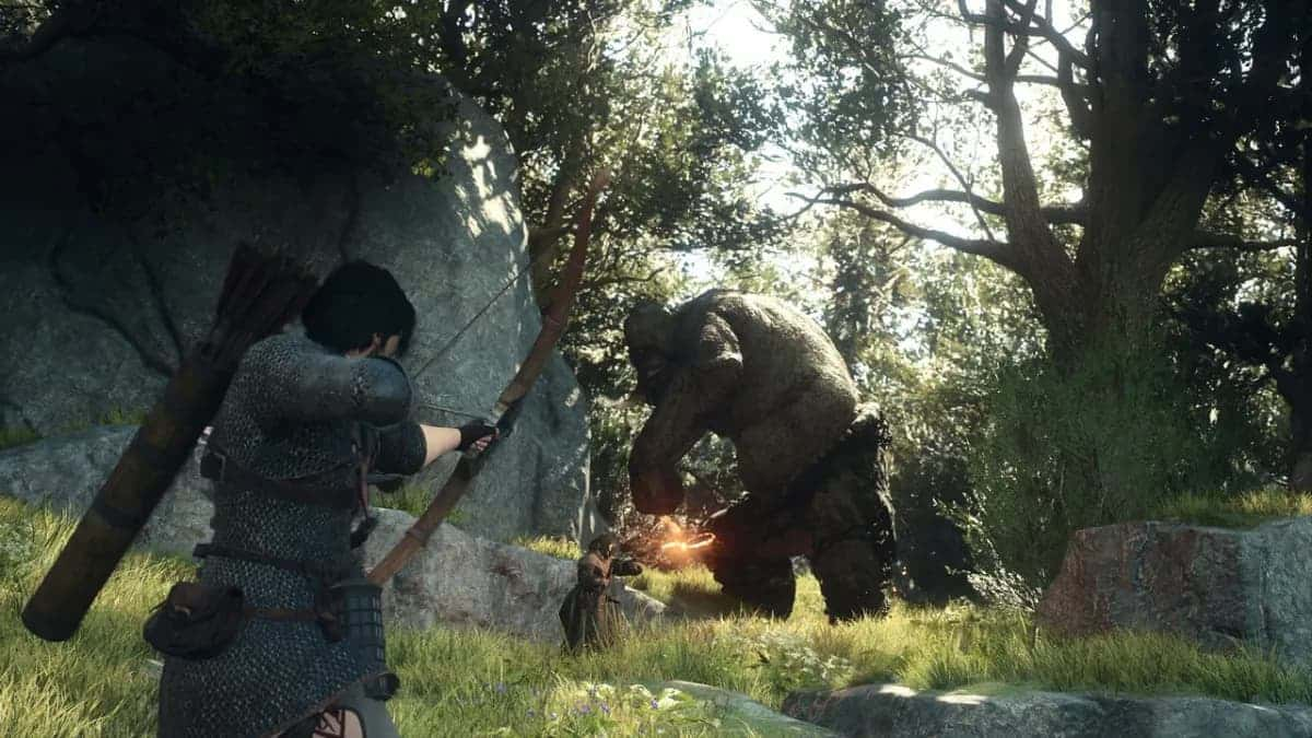 Archer against a cyclops in Dragon's Dogma 2.