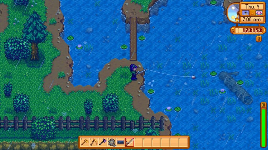 Fishing in rain in Stardew Valley