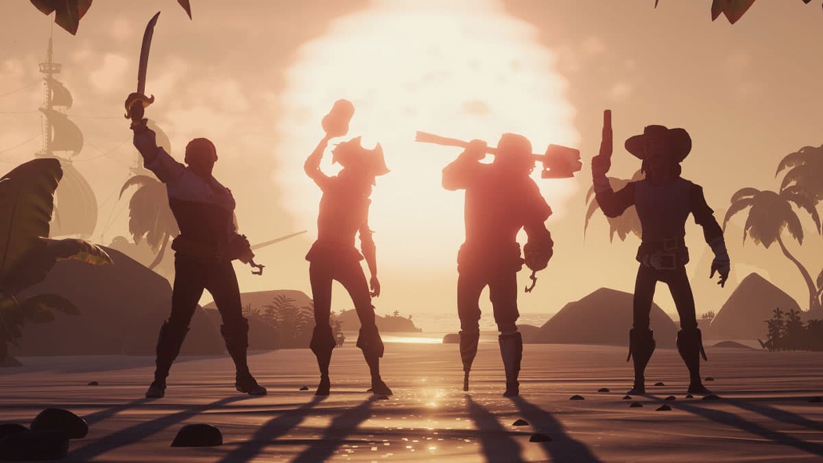 Sea of Thieves players standing together on a beach