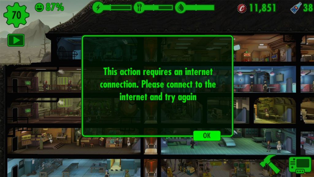 Как исправить это действие требует подключения к Интернету в Fallout Shelter