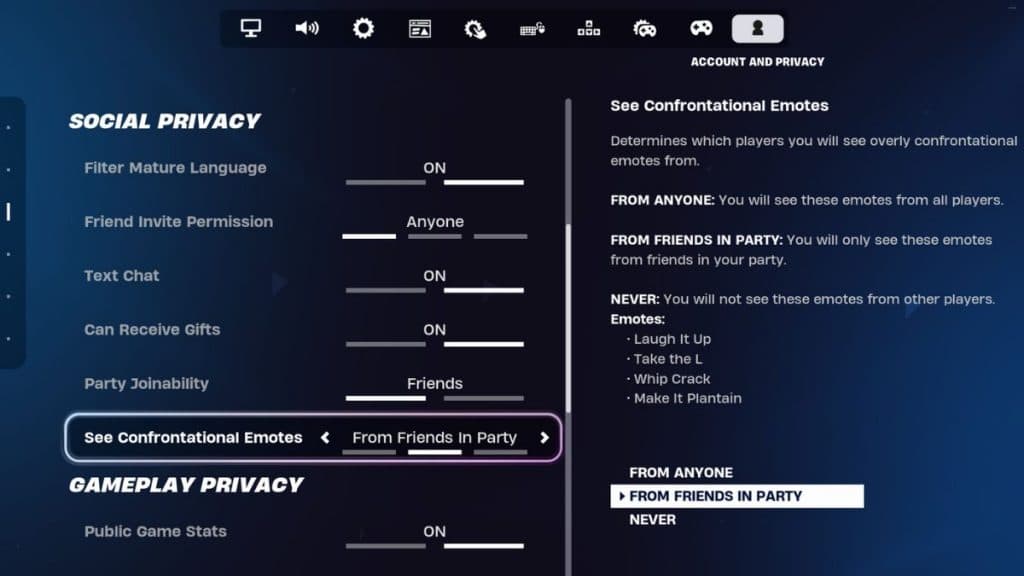 see confrontational emotes setting in fortnite