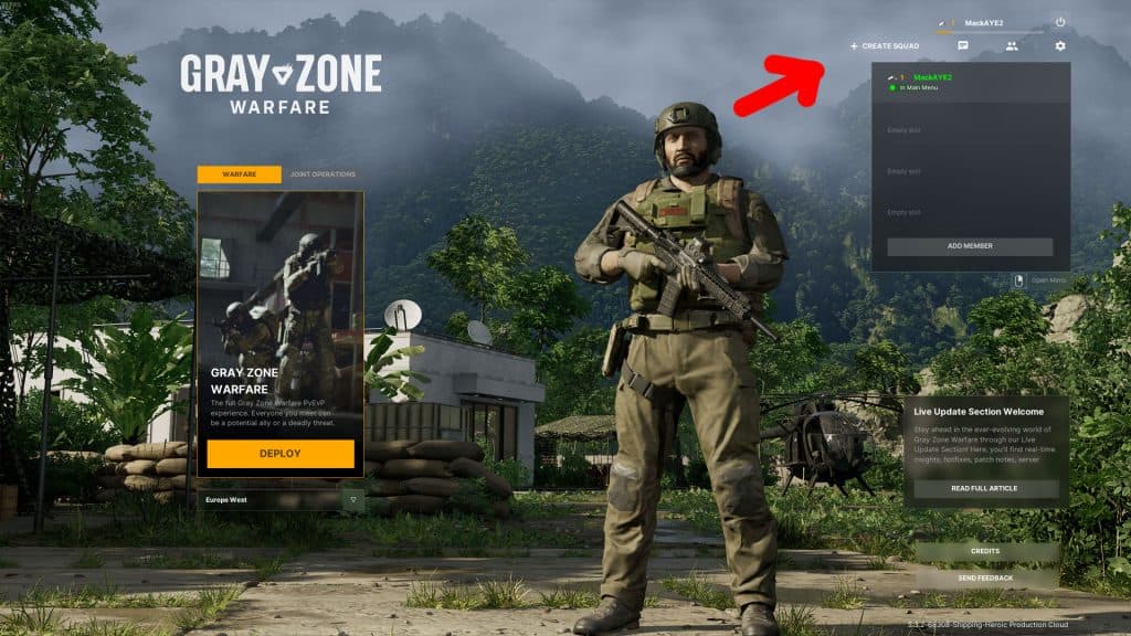 gray zone warfare menu screen with arrow pointing towards create squad button