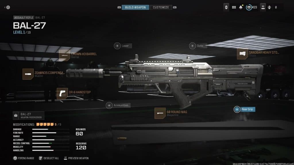 screenshot of best BAL-27 loadout attachments in MW3