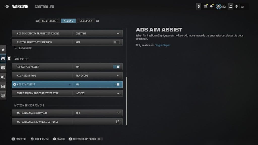 Warzone aim assist settings menu