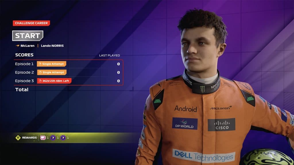 F1 24 Challenge Career menu featuring Lando Norris