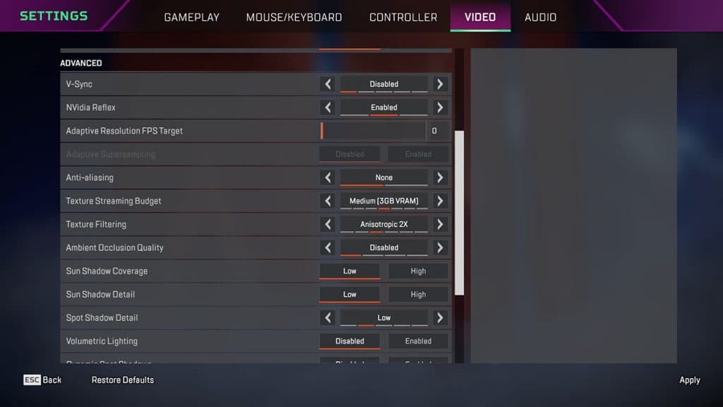 Apex Legends video settings menu