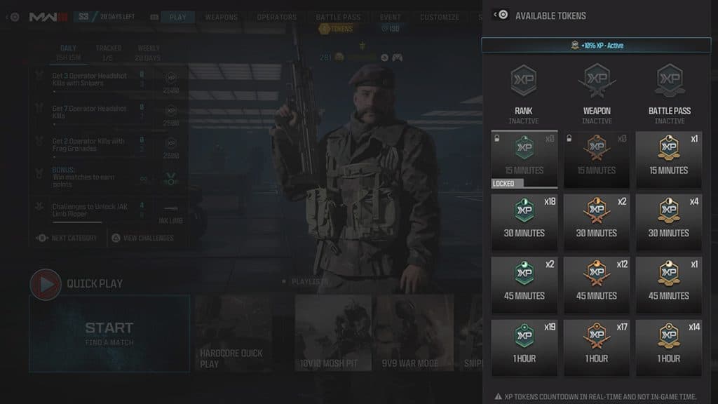 Double XP token menu MW3 Warzone