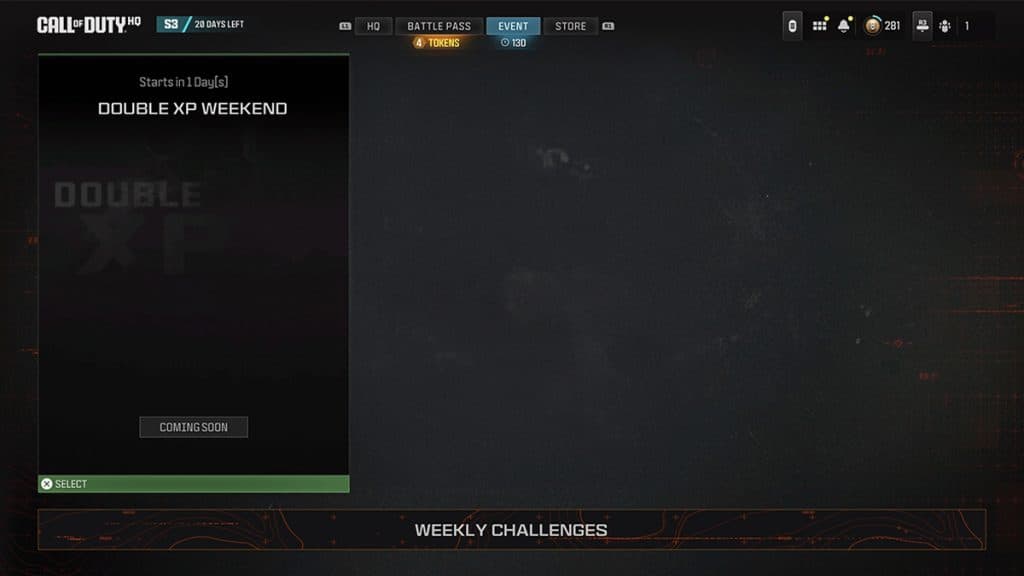 Double XP Weekend event tab