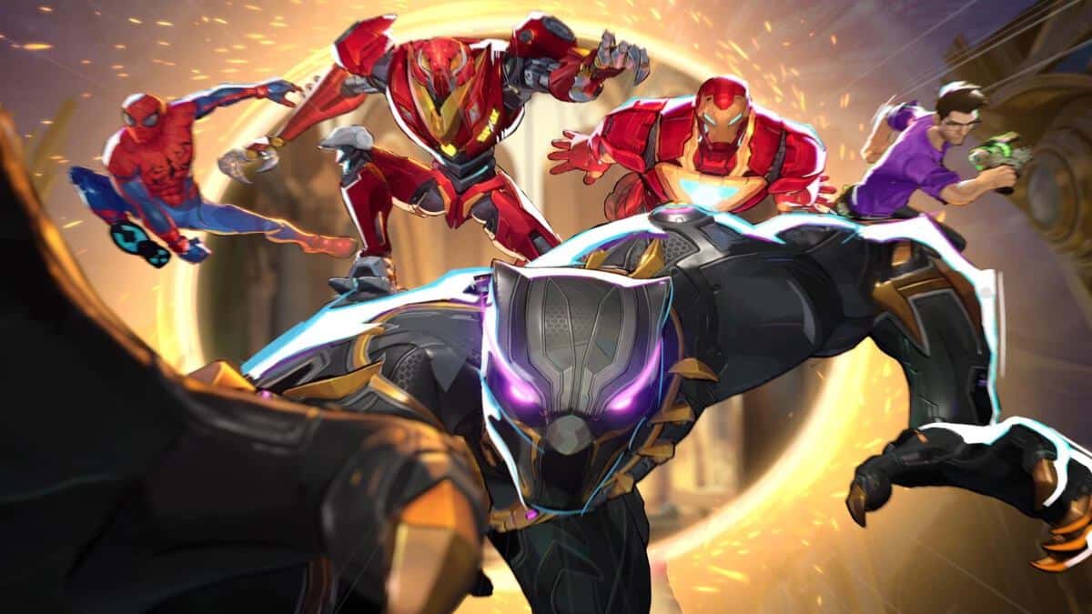 Marvel Rivals team featuring Black Panther, Peni Parker, Iron Man, Bruce Banner and Spider-Man