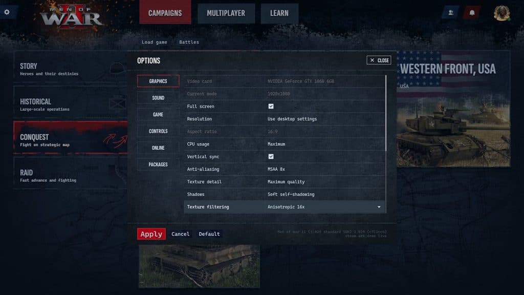 Graphics settings for Men of War 2