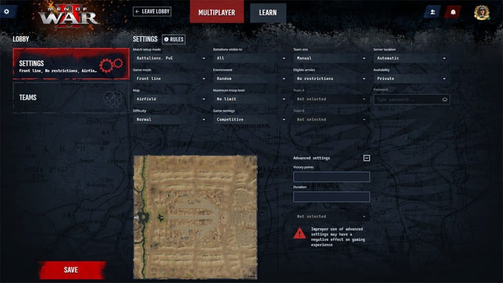 Lobby settings menu in Men of War 2