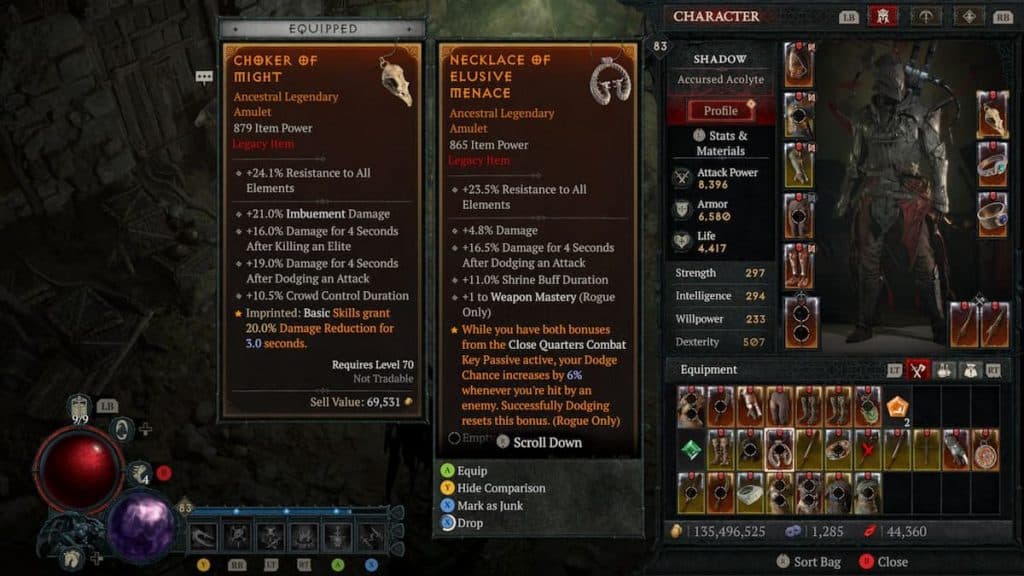 Diablo 4 character screen with Legacy items.