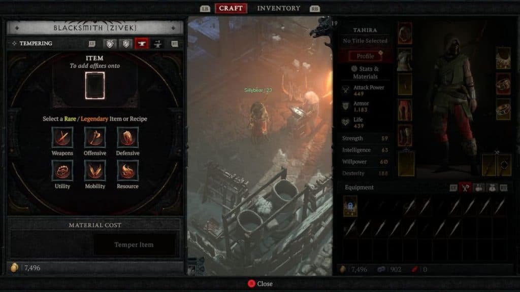 Tempering menu in Diablo 4