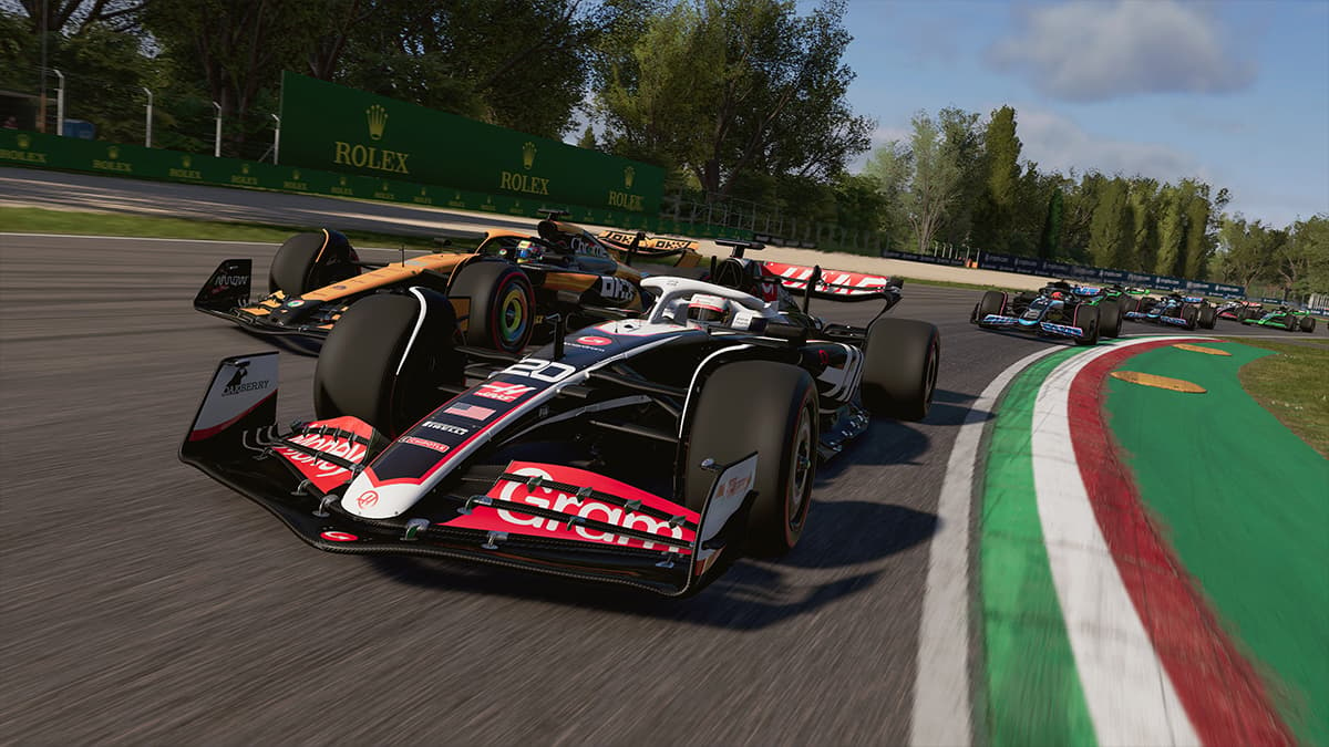 F1 24 Haas and McLaren wheel-to-wheel on Imola