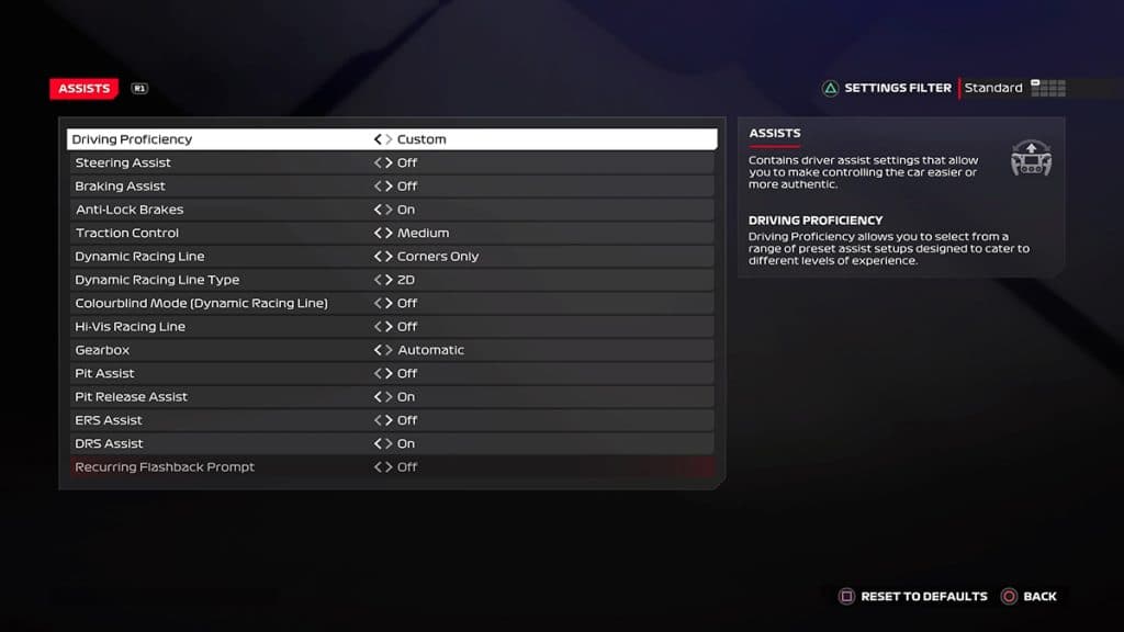 F1 24 Assists settings menu